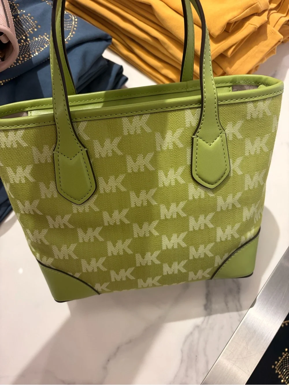 Michael Kors Eva crossbody blue Monogram MK Tote green with strap new tag